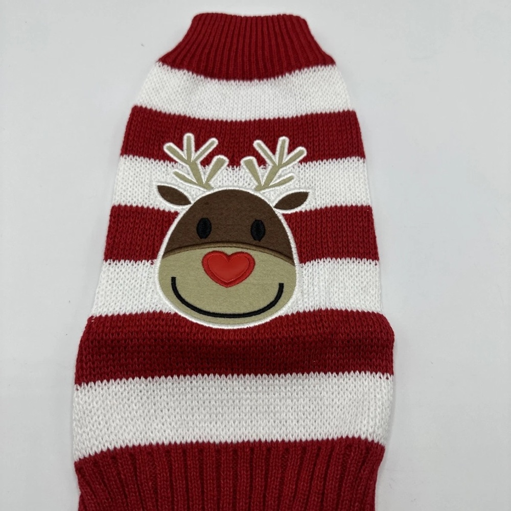 Red and White Striped Reindeer Dog Sweater